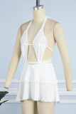 White Sexy Solid Hollowed Out Backless Strap Design Halter A Line Dresses