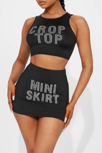 Black Casual Letter Hot Drilling Patchwork O Neck Sleeveless Two Pieces