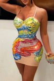 Multi-color Sexy Print Hot Drilling Backless Spaghetti Strap Wrapped Skirt Jurken