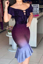 Пурпурно-синий сексуальный принт в стиле пэчворк с воланами с открытыми плечами Нерегулярные платья Платья