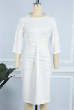 Vestidos de falda de lápiz con cuello en O de patchwork sólido casual blanco