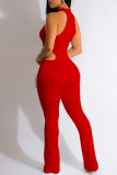 Red Elegant Solid Patchwork Cut Out Half A Turtleneck Skinny Jumpsuits