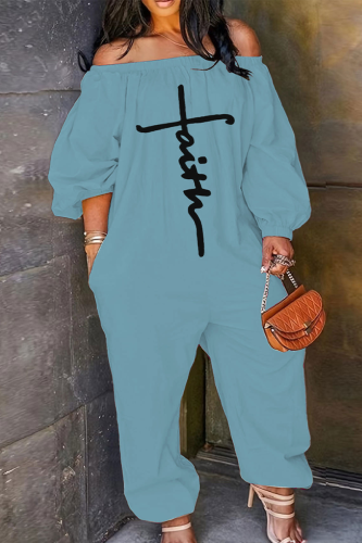 Sky Blue Casual Print Patchwork Off the Shoulder Loose Jumpsuits