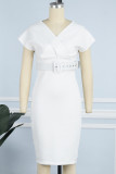 White Casual Solid Patchwork With Belt V Neck One Step Skirt Dresses