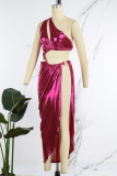 Rose Red Sexy Solid Hollowed Out Patchwork Oblique Collar Long Dress Dresses