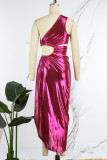 Rose Red Sexy Solid Hollowed Out Patchwork Oblique Collar Long Dress Dresses