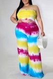 Yellow Casual Print Tie Dye Backless Strapless Plus Size Two Pieces