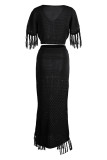Noir Sexy Solid Tassel Slit V Neck Short Sleeve Two Pieces