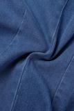 Blaue, lässige, einfarbige, zerrissene Patchwork-Overalls mit Umlegekragen und langen Ärmeln aus normalem Denim