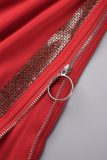 Red Casual Solid Patchwork Slit Hot Drill O Neck Short Sleeve Dress