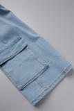 Hellblaue, legere, einfarbige, schmale Denim-Shorts mit Patchwork-Motiv