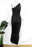 Черное сексуальное повседневное однотонное длинное платье с открытой спиной и косым воротником