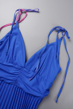 ブルー セクシー カジュアル 徐々に変化するプリント包帯バックレス プリーツ V ネック ロング ドレス ドレス