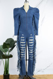 Blauw Casual Effen Ripped Patchwork Kraag Lange mouw Normale denim jumpsuits