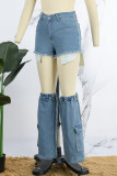 Lichtblauwe casual stevige skinny jeansshort met patchwork