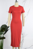 Red Casual Solid Patchwork Slit Hot Drill O Neck Short Sleeve Dress