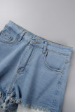 Голубые повседневные однотонные джинсовые шорты скинни в технике пэчворк