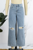 Blue Casual Solid Ripped High Waist Straight Denim Jeans