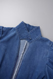 Macacões jeans azul casual sólido rasgado patchwork gola redonda manga longa