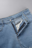 Light Blue Casual Solid Patchwork Hot Pant Raw Hem With Pockets Skinny Denim Shorts