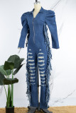 Blue Casual Solid Ripped Patchwork Turndown Collar Long Sleeve Regular Denim Jumpsuits
