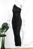 Robe longue noire sexy décontractée à col oblique et dos nu
