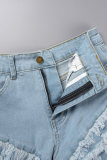 Голубые повседневные однотонные джинсовые шорты с высокой талией в стиле пэчворк
