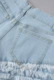 Short jeans skinny azul bebê casual patchwork liso cintura alta