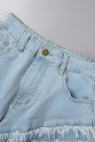 Baby Blue Casual Solid Patchwork High Waist Raw Hem Distressed Skinny Denim Shorts