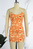 Orange Sexy Print Backless Spaghetti Strap Sleeveless Dress Dresses