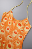 Orange Sexy Print Backless Spaghetti Strap Sleeveless Dress Dresses