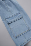 Light Blue Casual Solid Patchwork Hot Pant Raw Hem With Pockets Skinny Denim Shorts