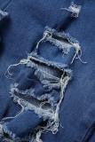 Combinaisons décontracté uni patchwork col rabattu manches longues en jean régulier bleu