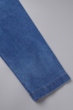 Blaue, lässige, einfarbige, zerrissene Patchwork-Overalls mit Umlegekragen und langen Ärmeln aus normalem Denim