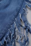 Macacões jeans azul casual sólido rasgado patchwork gola redonda manga longa