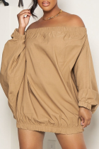 Khaki Sexy Solid Backless Fold Off the Shoulder Lantern Skirt Abiti