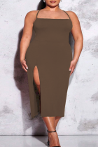 Кофейная сексуальная однотонная спинка с разрезом и ремешком, дизайн спагетти, юбка на один шаг, платья больших размеров