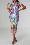 Blue Elegant Print Patchwork Fold V Neck Wrapped Skirt Short Sleeve Dress