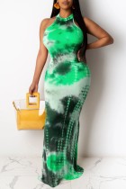 Light Green Fashion Sexy Print Tie-dye O Neck Sleeveless Dress