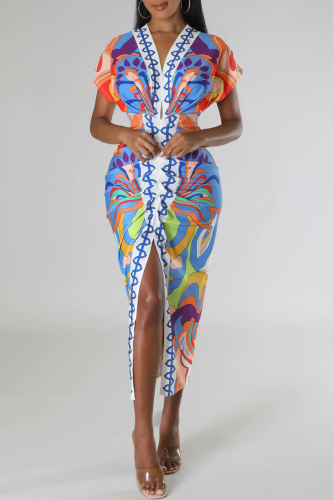 Blue Elegant Print Patchwork Fold V Neck Wrapped Skirt Short Sleeve Dress