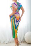 Blue Elegant Print Patchwork Fold V Neck Wrapped Skirt Short Sleeve Dress