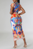 Blue Elegant Print Patchwork Fold V Neck Wrapped Skirt Short Sleeve Dress