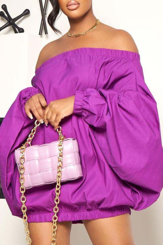 Purple Sexy Solid Backless Fold Off the Shoulder Lantern Skirt Dresses