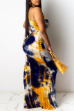 Blaues, modisches, ärmelloses Kleid mit Batikmuster und O-Ausschnitt