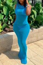 Blue Sexy Solid See-through Hooded Collar Long Dress Dresses