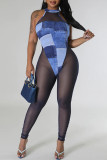 Blue Sexy Print Patchwork See-through Zipper O Neck Skinny Jumpsuits