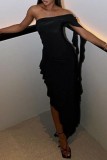 Negro sexy casual sólido volante cuello oblicuo vestido irregular vestidos