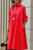 Rose Red Casual Print Polka Dot Patchwork Buckle Turndown Collar Shirt Dress Dresses