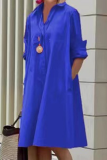Robes de robe chemise col rabattu bleu profond imprimé décontracté à pois patchwork boucle