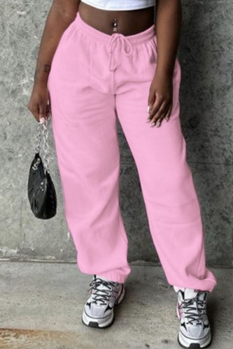Pink Casual Solid Basic Regular High Waist Conventional Solid Color Trousers